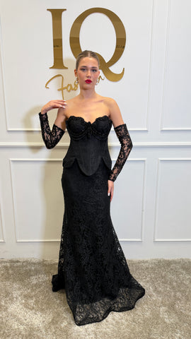 Black Bianisa dress with matching bolero from iqfashioncluj, featuring elegant fabric and stylish design.