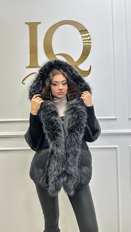 Geaca blana artificiala Florencia maneca tricot Black