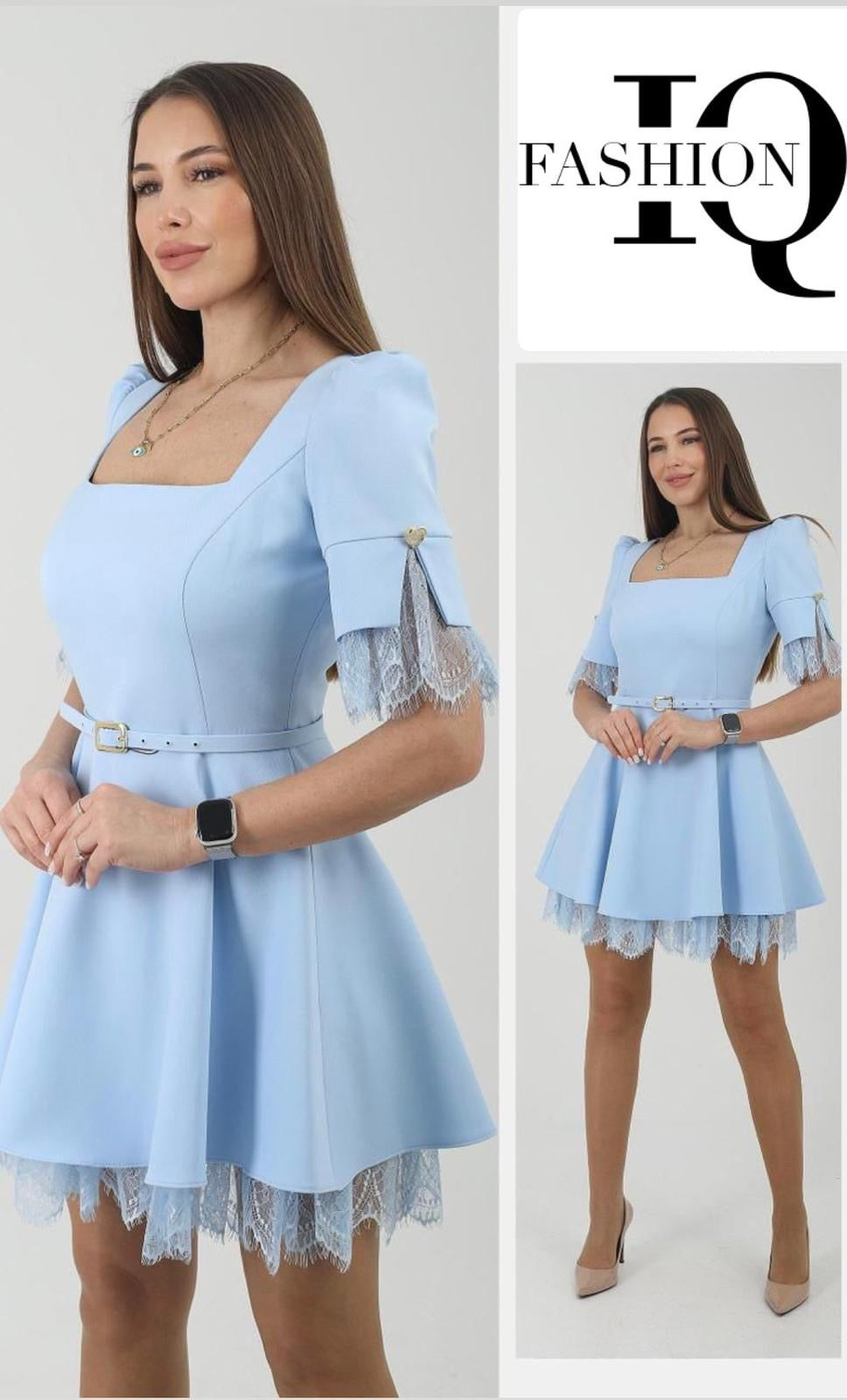 Rochie Ginetta albastră cu mâneci din dantelă, elegantă, din marca iqfashioncluj, perfectă pentru ocazii speciale.