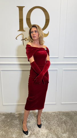 Rochie Miss catifea cu manusi Bordo