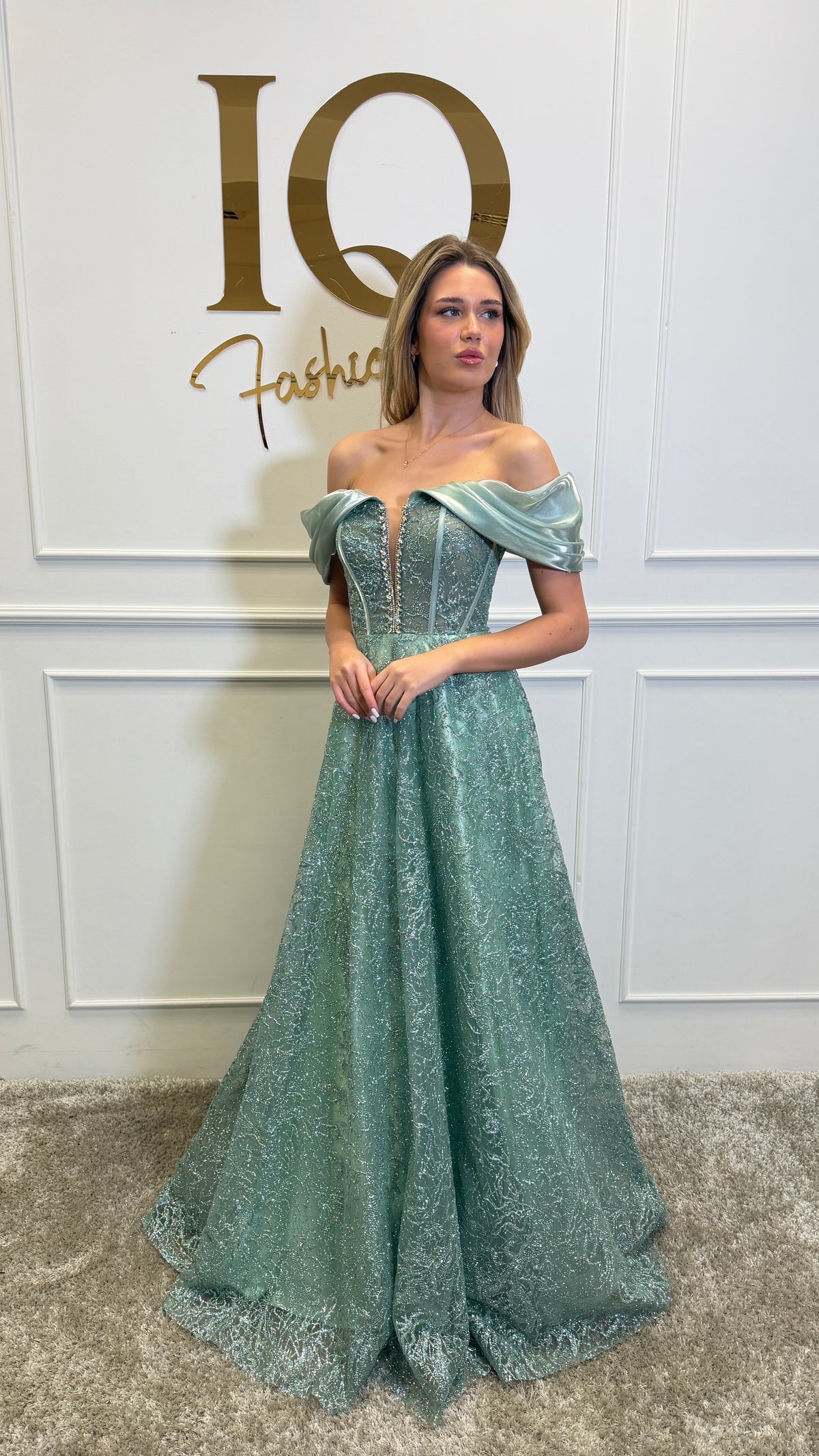 Elegant Rochie Diamond Minth by iqfashioncluj featuring intricate detailing and a stylish fit, perfect for special occasions.