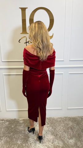 Rochie Miss catifea cu manusi Bordo