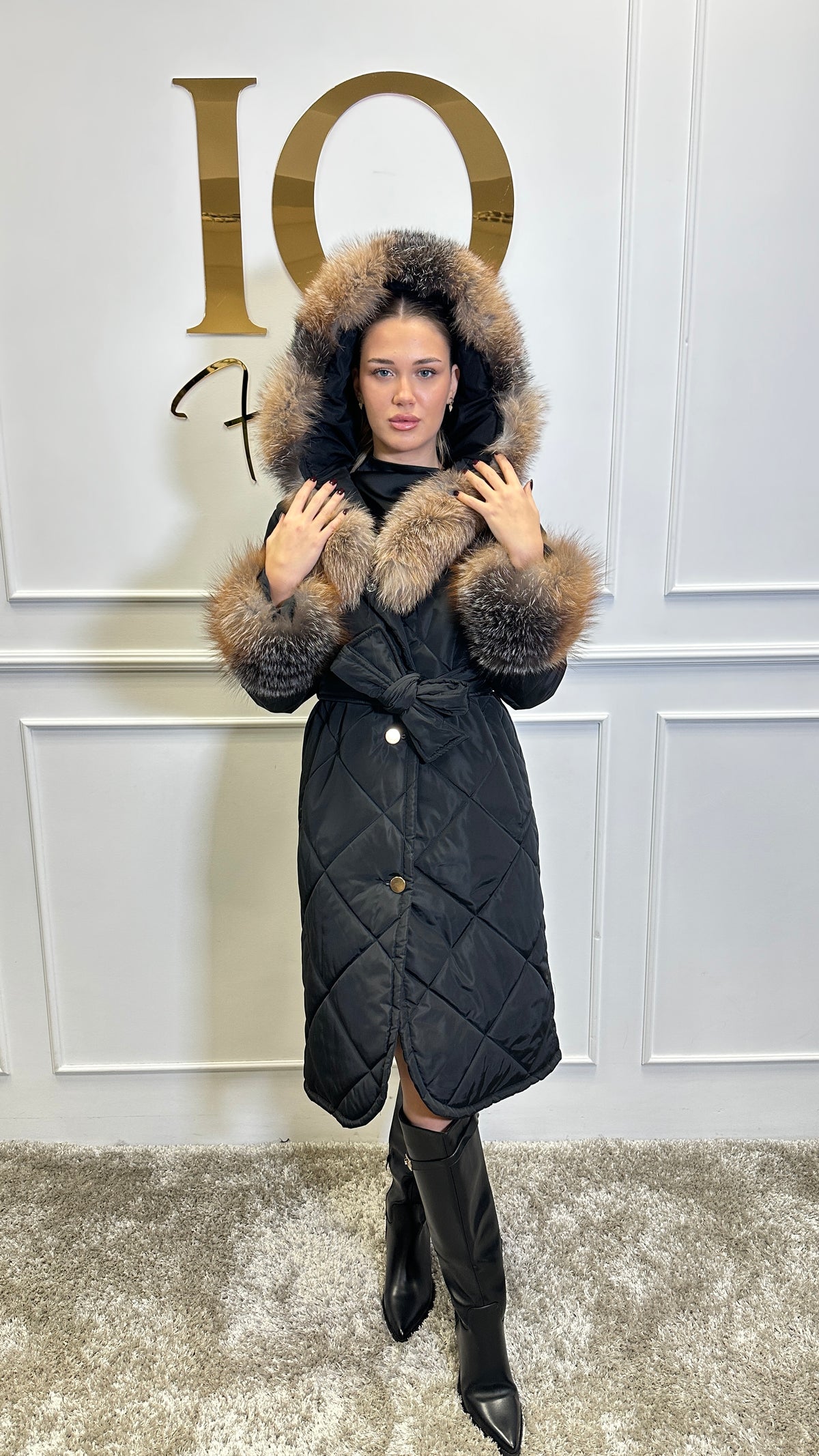 Haina fas cu blana naturala Leyla Black Gold - ELVE STYLE SRL