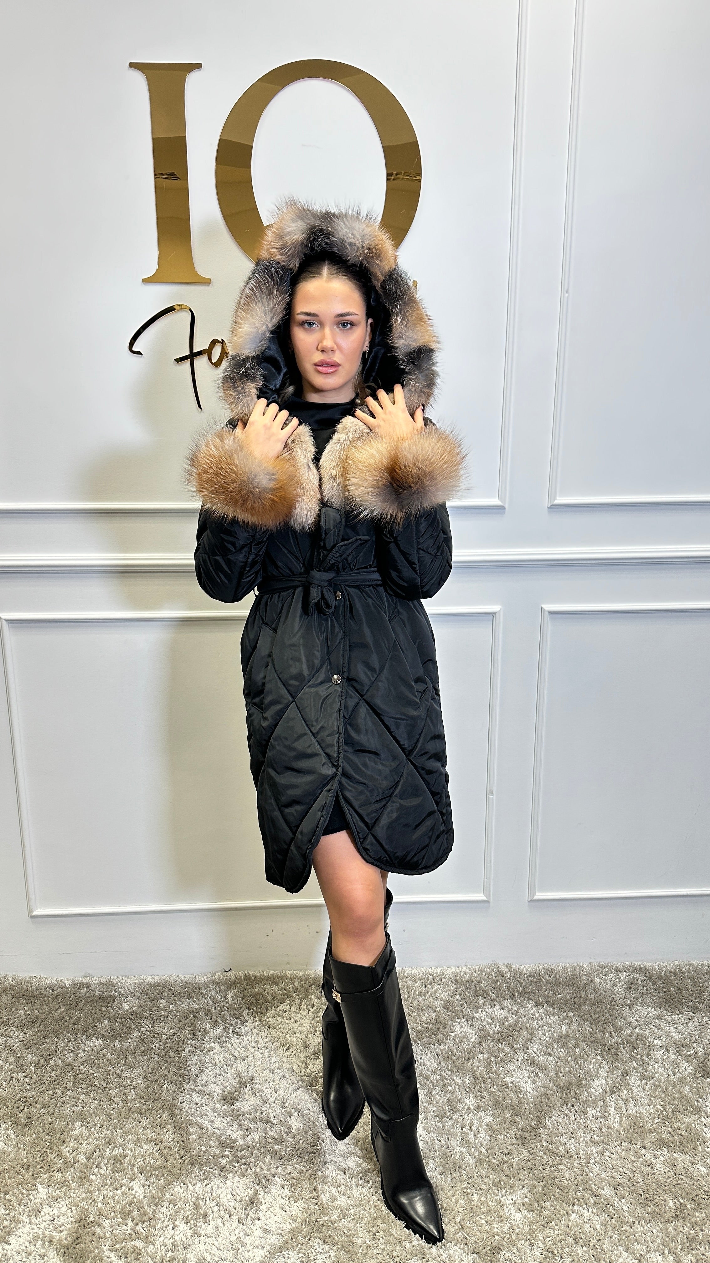 Haina fas cu blana naturala Cintya Black-Gold - ELVE STYLE SRL