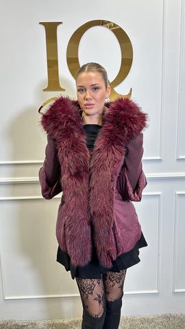 Geaca blana artificiala Florencia maneca tricot Bordo