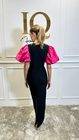 Rochie Roses maneca Fuchsia-Black