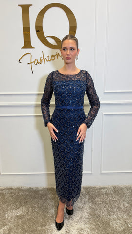 Dark blue Giania dress by iqfashioncluj, showcasing a stylish, elegant women's wardrobe piece with a fitted silhouette and soft fabric.