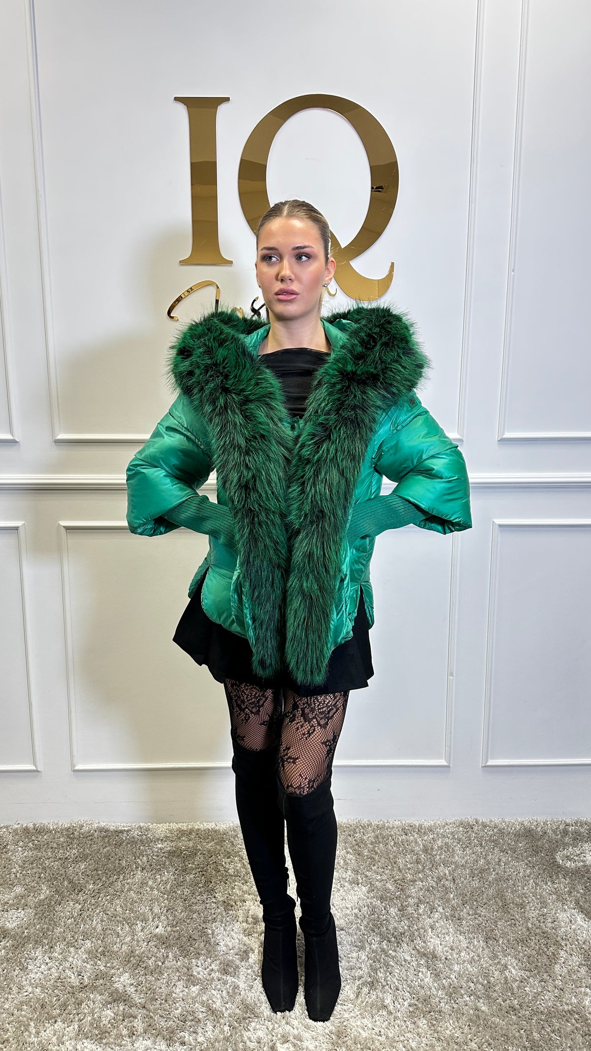 Geaca blana artificiala Florencia maneca tricot Green