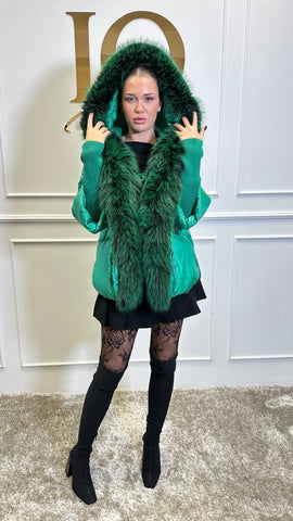 Geaca blana artificiala Florencia maneca tricot Green