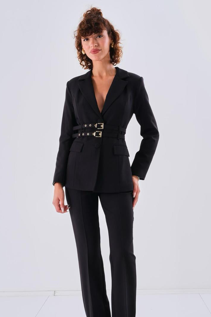 Black Vanisse costume with double belt from ELVE STYLE SRL, featuring detailed design and stylish fabric.