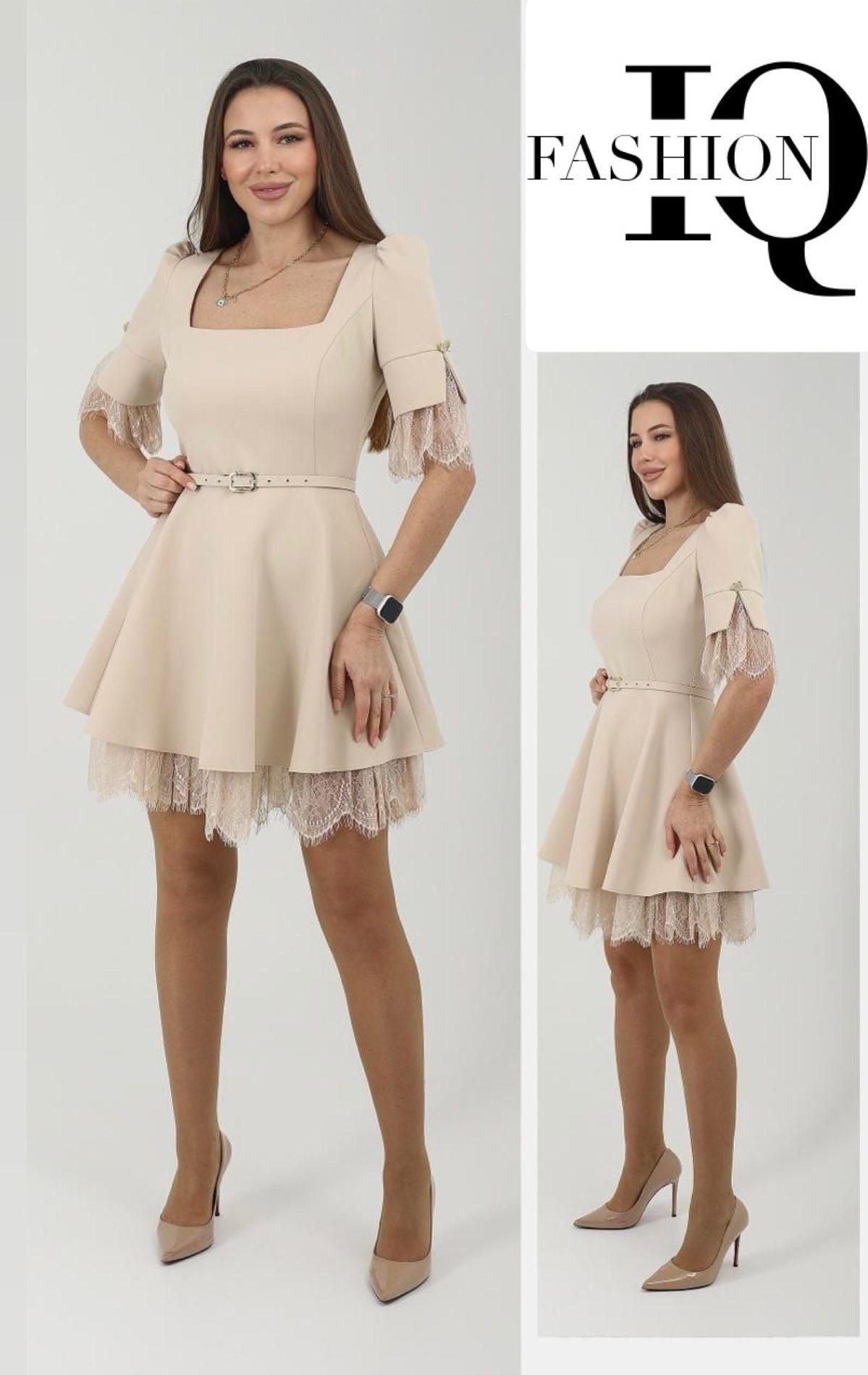 Beige lace long-sleeve dress by IQFashionCluj featuring intricate lace details and a elegant, fitted silhouette.