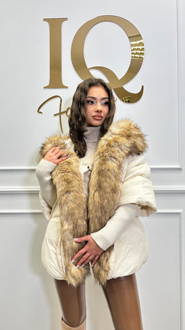 Geaca blana artificiala Florencia maneca tricot Cream