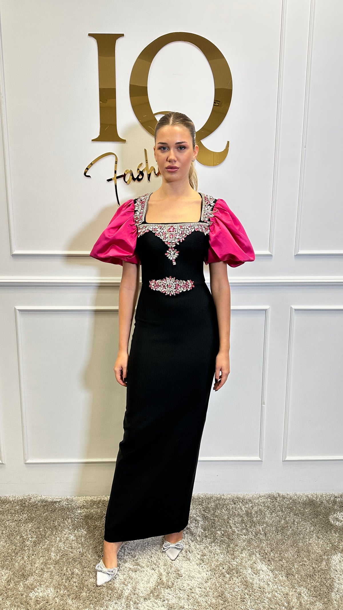 Rochie Roses maneca Fuchsia-Black