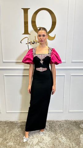 Rochie Roses maneca Fuchsia-Black