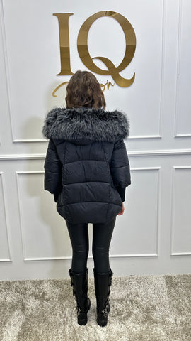 Geaca blana artificiala Florencia maneca tricot Black