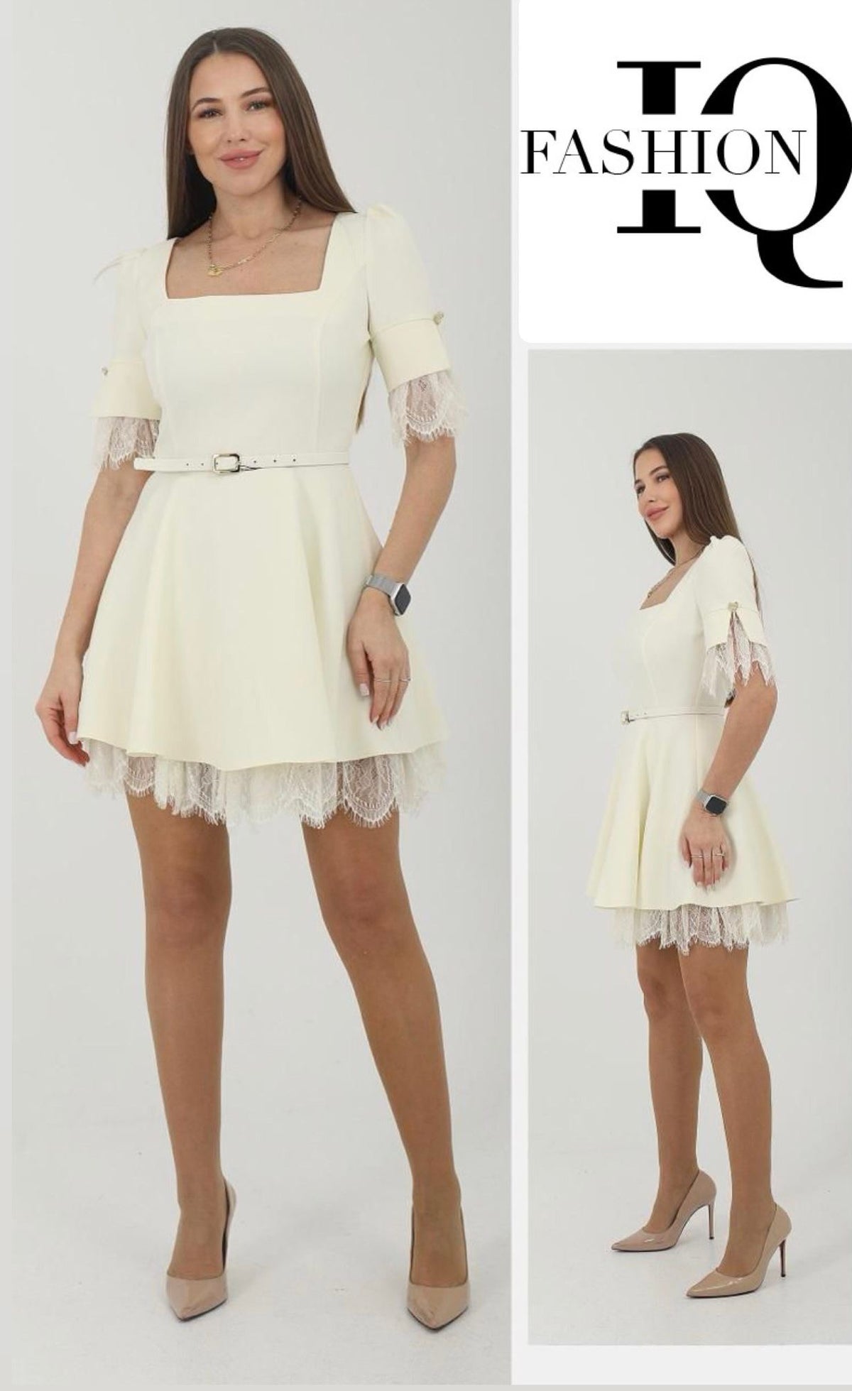 Cream lace sleeve dress by Ginetta, featuring elegant lace details and a flowing silhouette, perfect for stylish occasions.