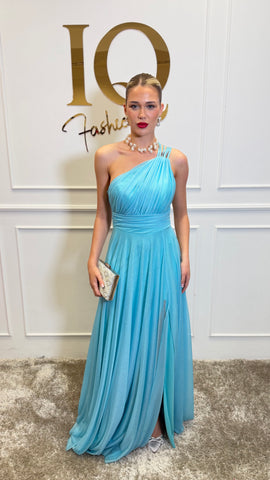 Rochie turquoise Kaseea de la iqfashioncluj, croială elegantă și detalii moderne, vizibilă în imagine.