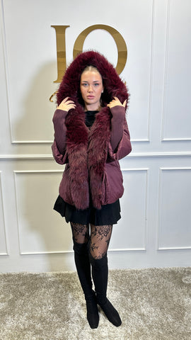 Geaca blana artificiala Florencia maneca tricot Bordo