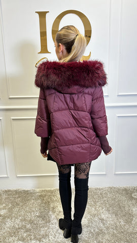 Geaca blana artificiala Florencia maneca tricot Bordo
