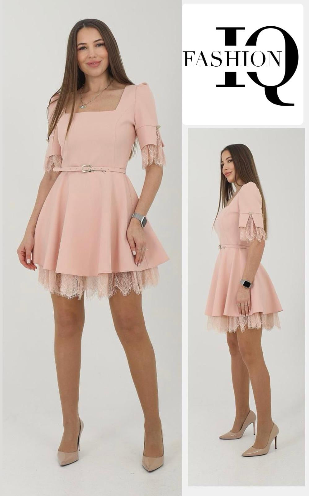 Rochie roz cu maneci din dantelă Ginetta de la iqfashioncluj, evidențiind detaliile elegante și textura delicată.