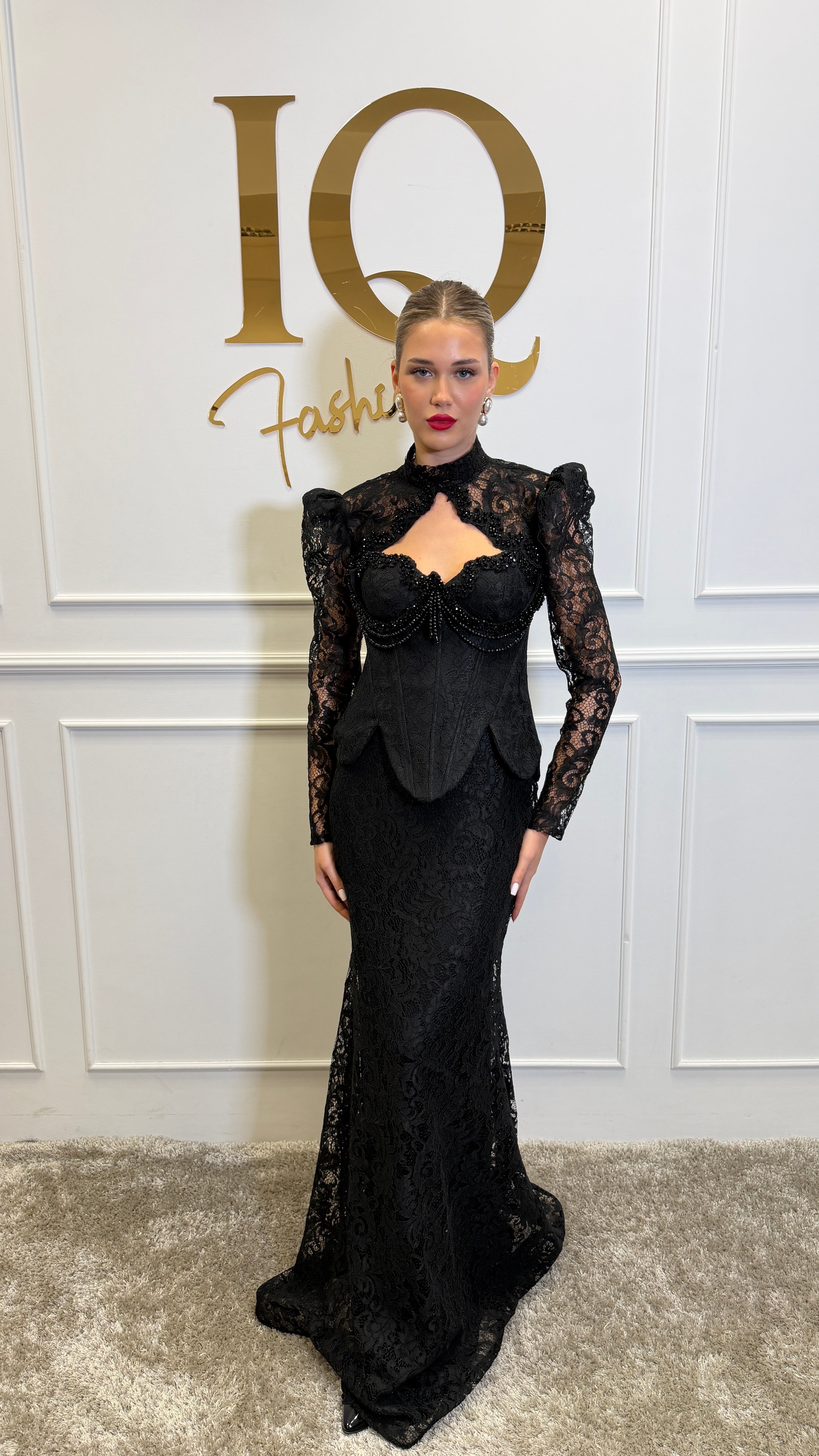 Black Bianisa dress with matching bolero by iqfashioncluj, featuring elegant fabric and stylish design, shown on a model.