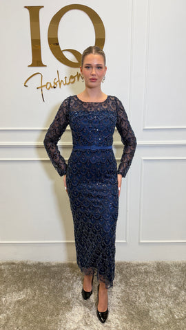 Dark blue Giania dress by iqfashioncluj, featuring elegant fabric and stylish design, shown on a model.