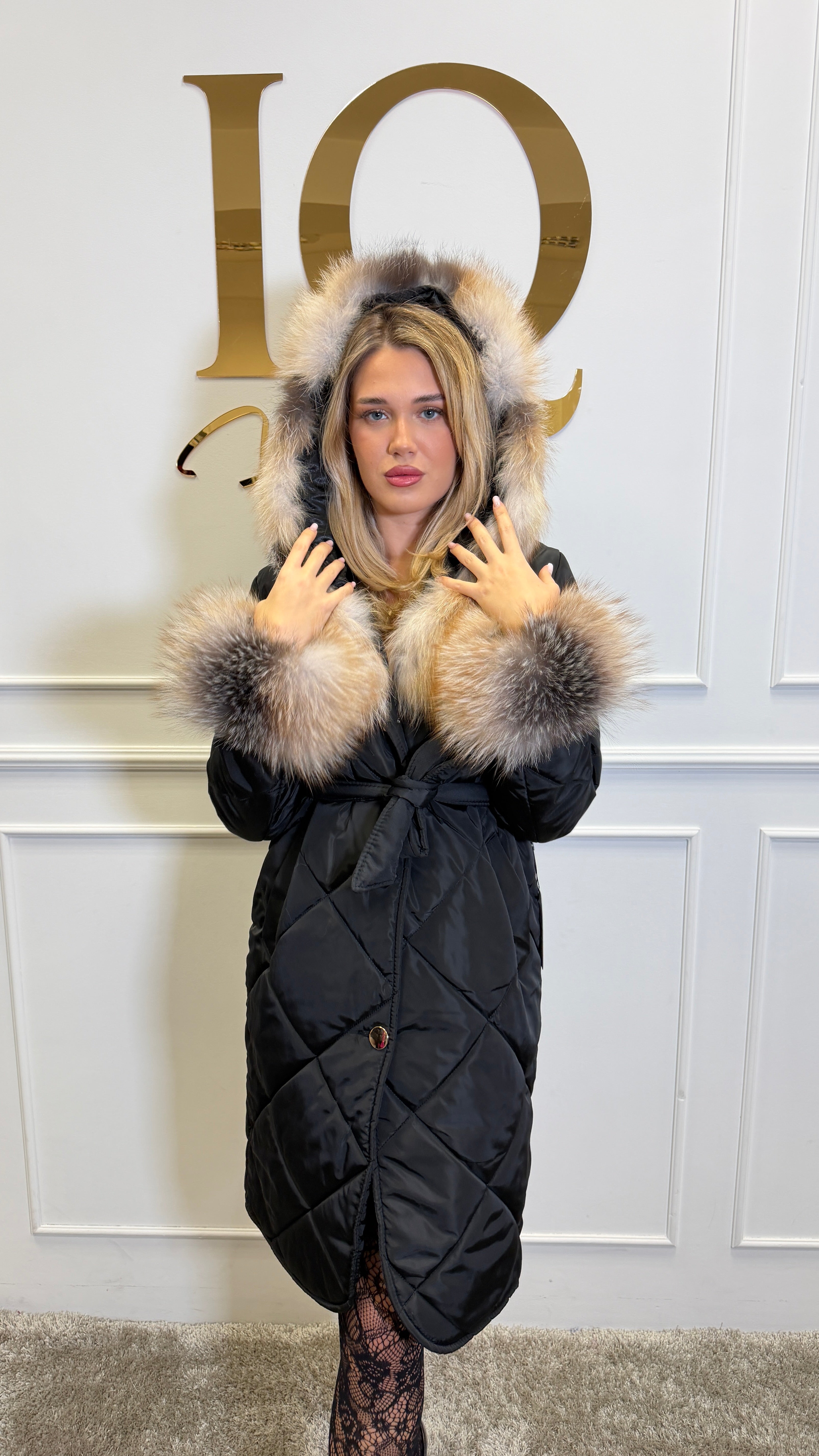 Haina fas cu blana naturala Leyla Black Gold - ELVE STYLE SRL