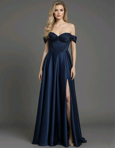 Rochie evazată Aunicia în albastru închis, din colecția iqfashioncluj, cu croială elegantă și detalii moderne.