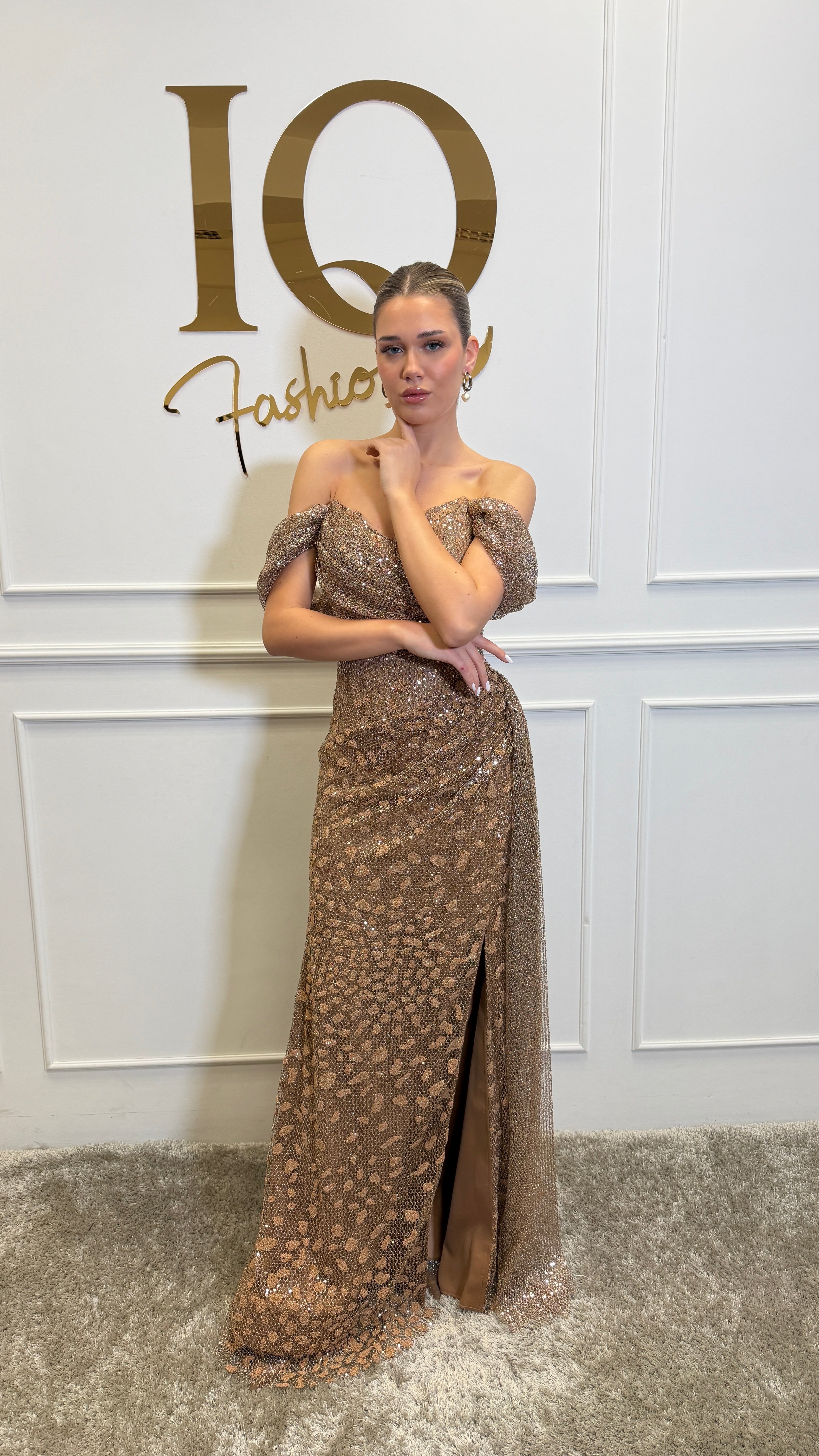 Gold Rochie Nastia by iqfashioncluj, elegant women’s dress with flowing fabric and stylish design, shown in the image.
