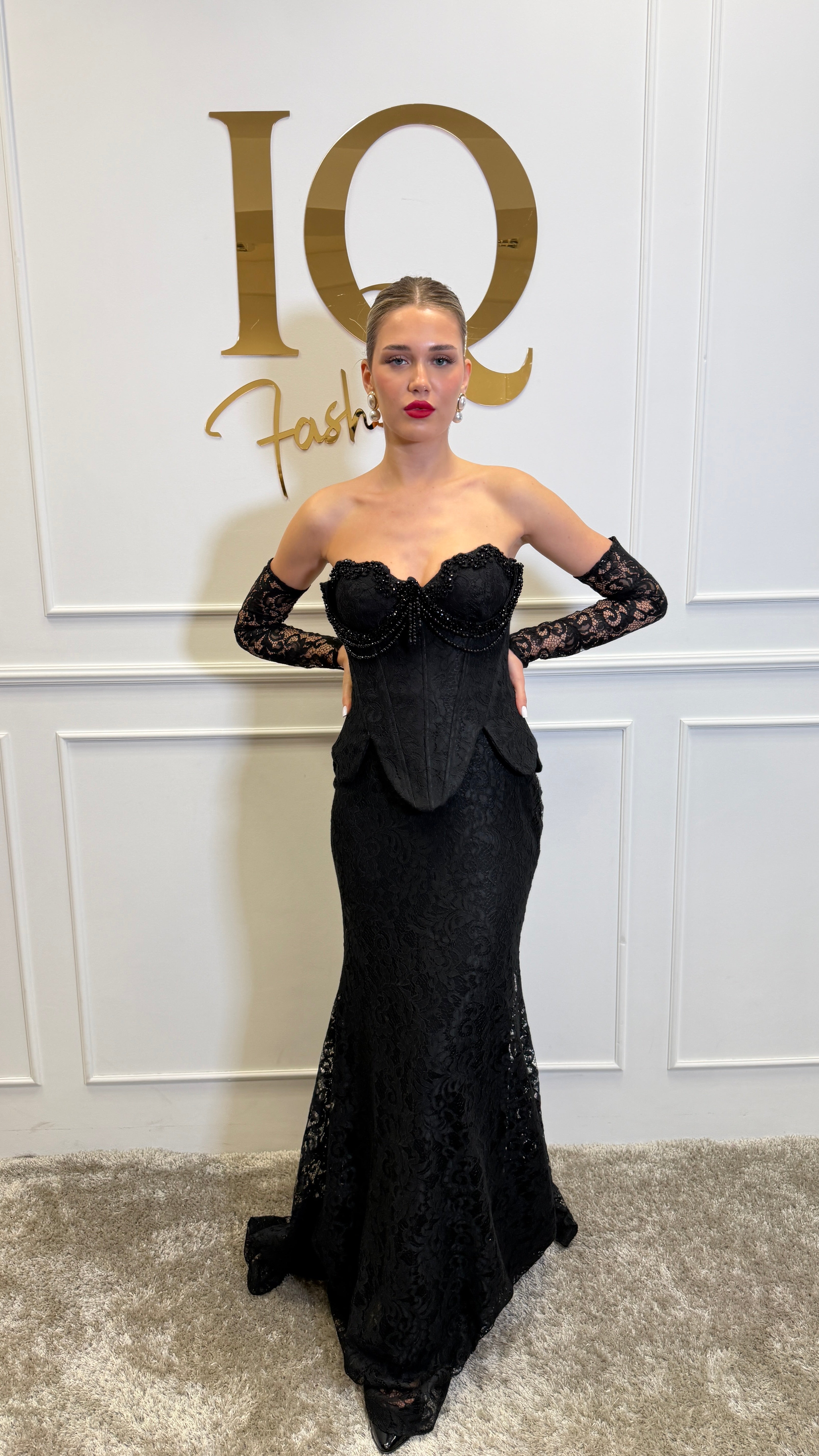 Black Bianisa dress with matching bolero by iqfashioncluj, featuring elegant fabric and stylish design.