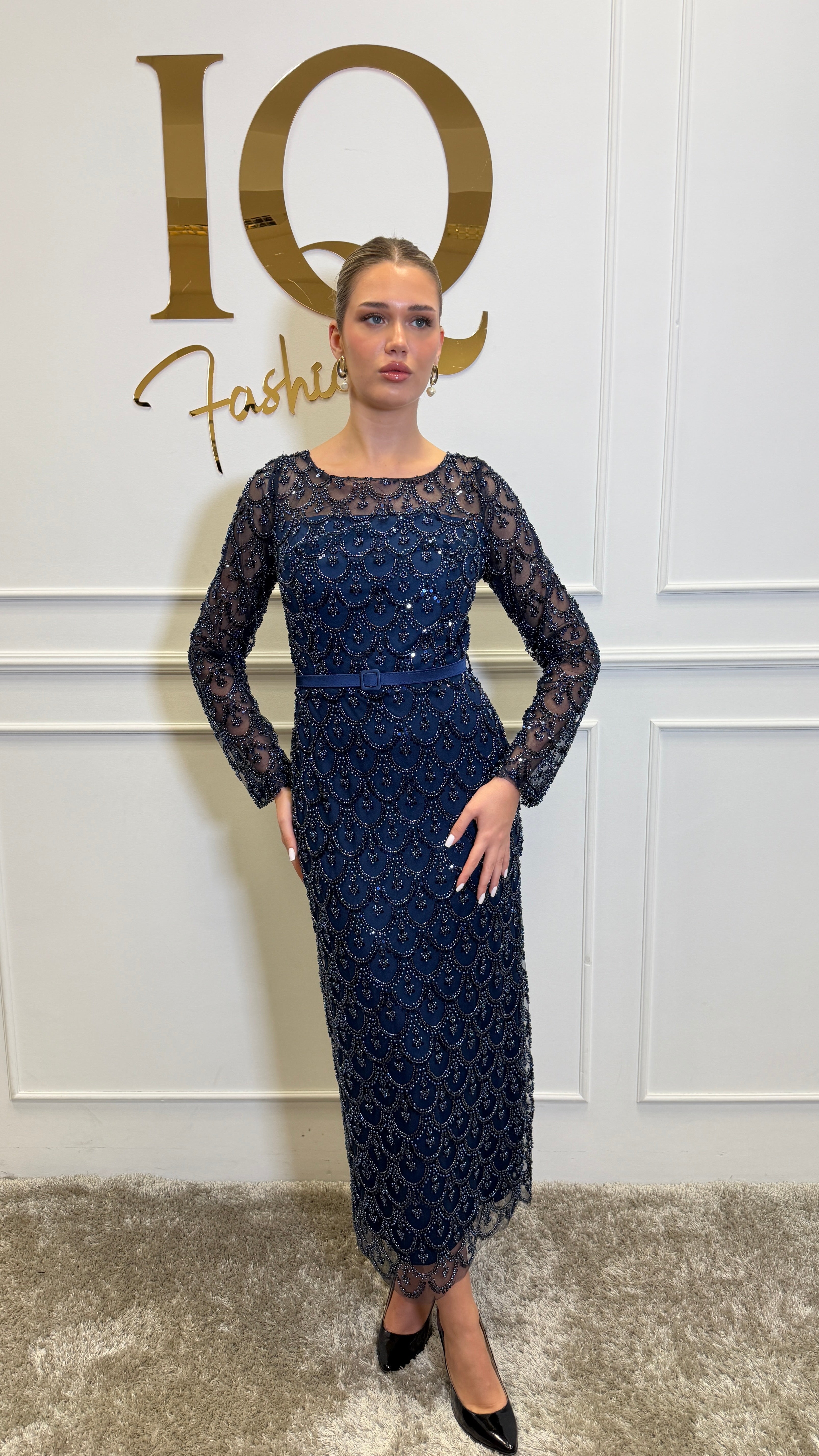 Dark blue Giania dress from IQFashionCluj, featuring a stylish, elegant design perfect for formal or casual occasions.