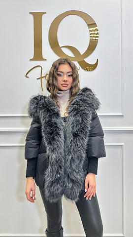 Geaca blana artificiala Florencia maneca tricot Black