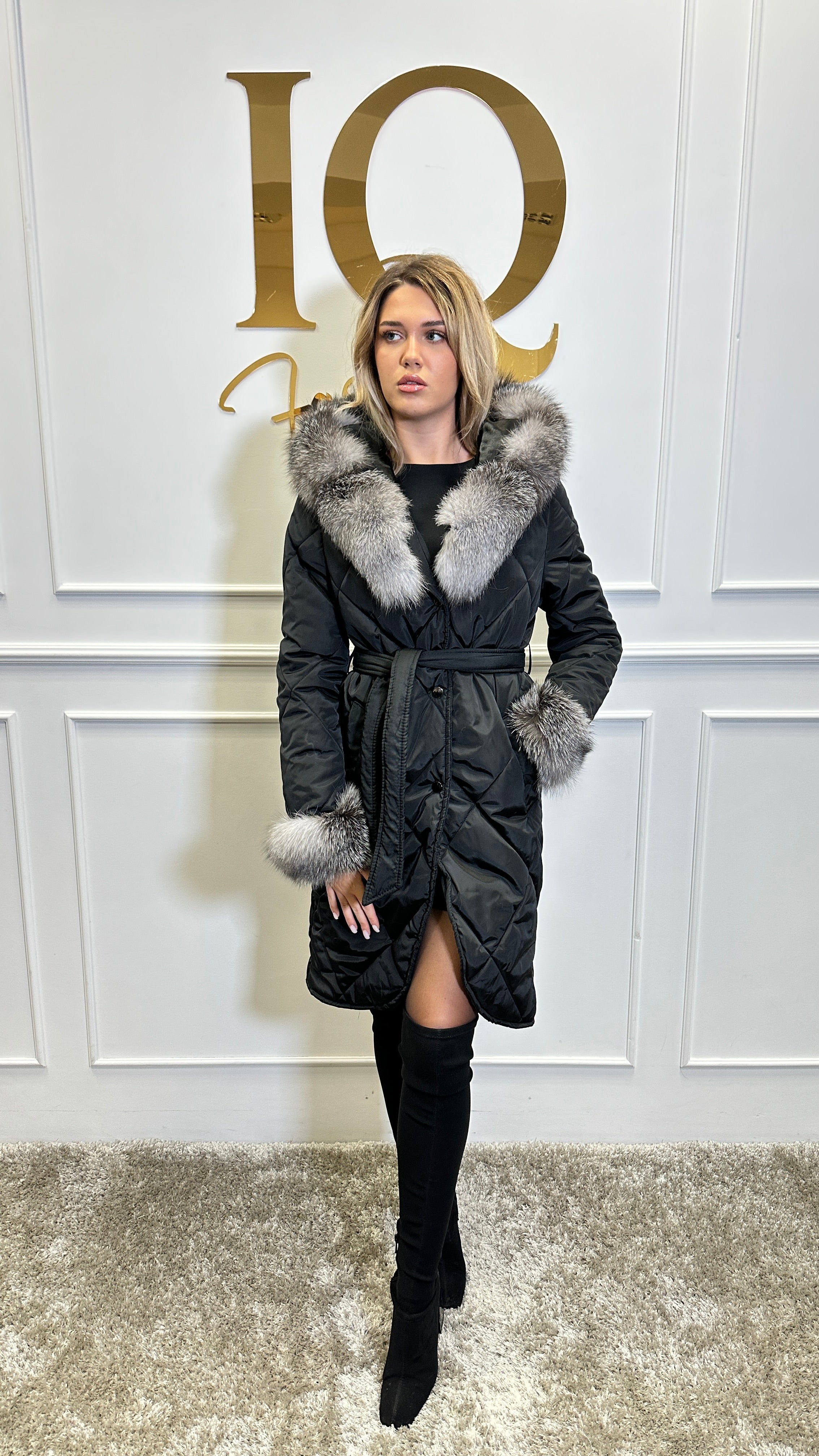 Haina fas cu blana naturala Cintya Black-Grey - ELVE STYLE SRL