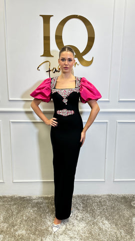 Rochie Roses maneca Fuchsia-Black