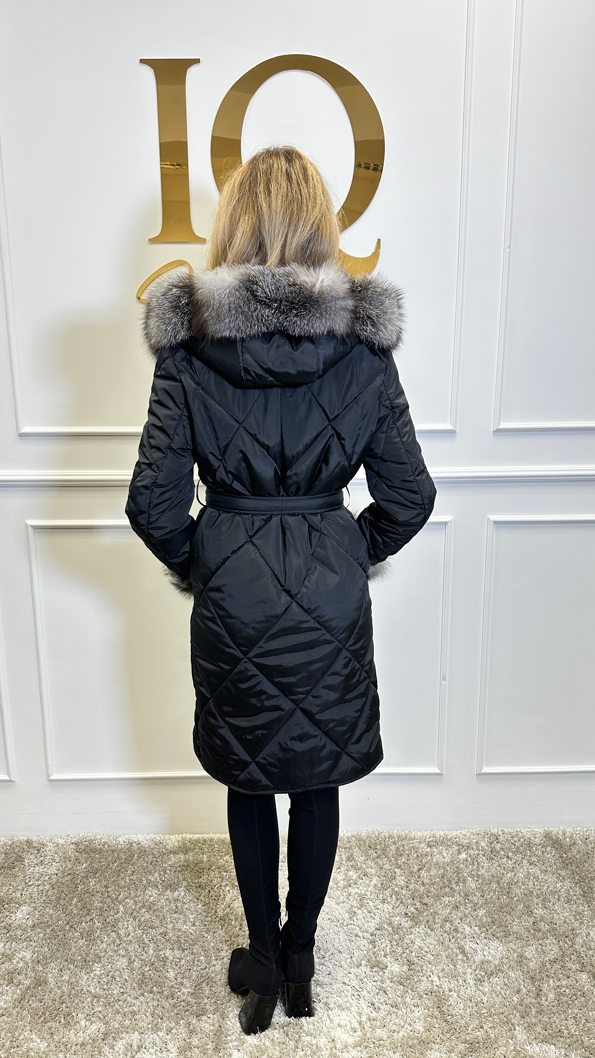 Haina fas cu blana naturala Cintya Black-Grey - ELVE STYLE SRL